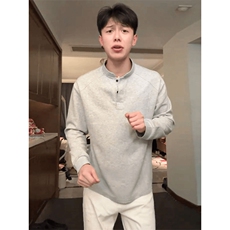 抖音得物品质美式高街重磅曼巴棉拼接cleanfit亨利领卫衣长袖T恤，男装T恤，电商A486