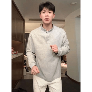 抖音得物品质美式高街重磅曼巴棉拼接cleanfit亨利领卫衣长袖T恤图片