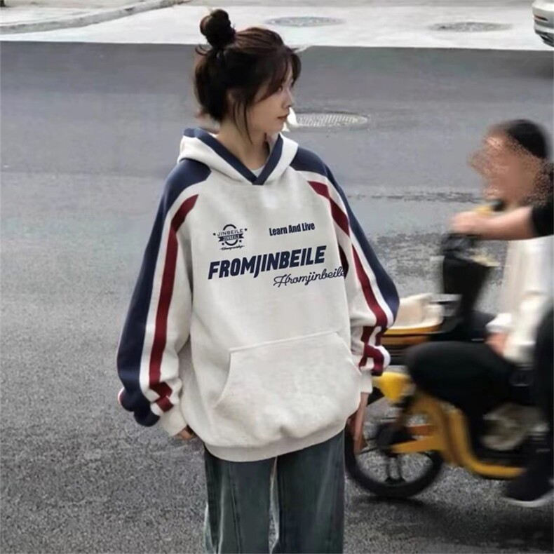 抖音得物  秋装美式重磅全棉拼接撞色连帽卫印花衣外套 A3206图片