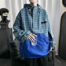 WY01-P95秋季套头卫衣男休闲宽松大码格子连帽夹克外套，男装卫衣，电商B369（原A024）