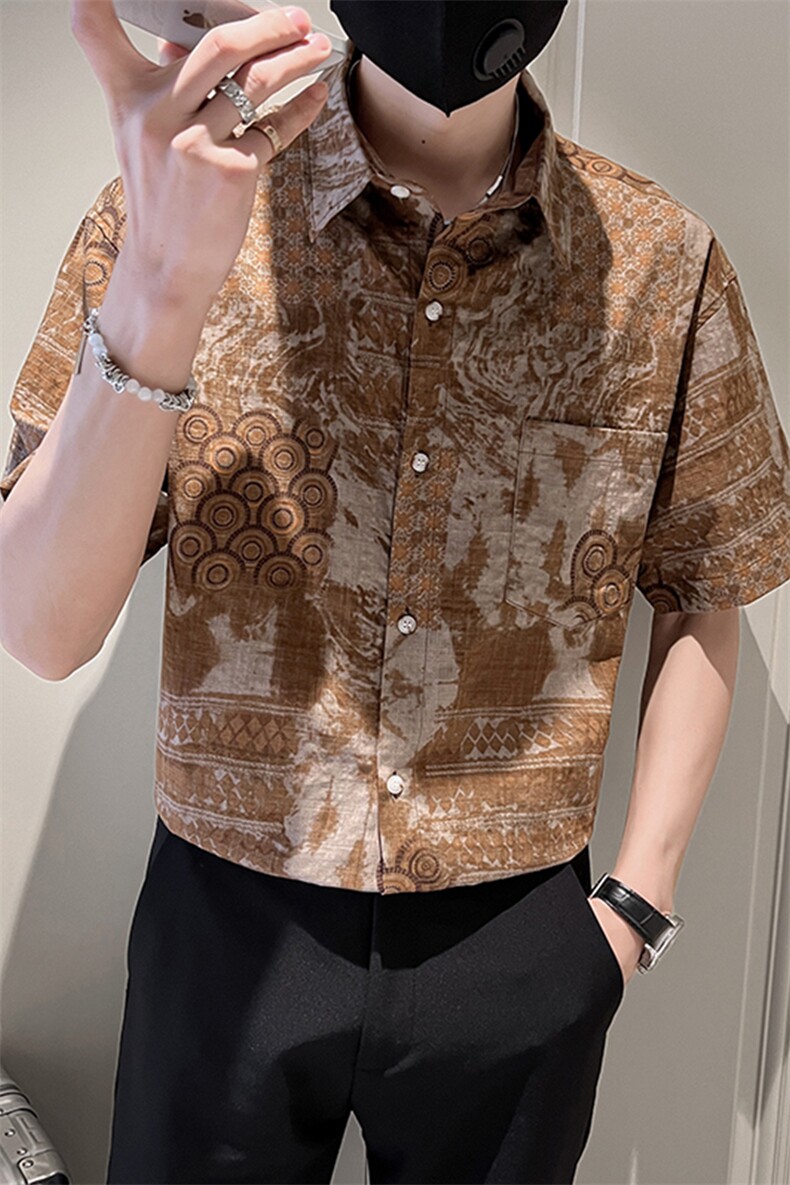 印花短袖衬衫男士社会小伙潮流半袖微宽松衬衣TZ93P50控78,男装T恤,电商B413