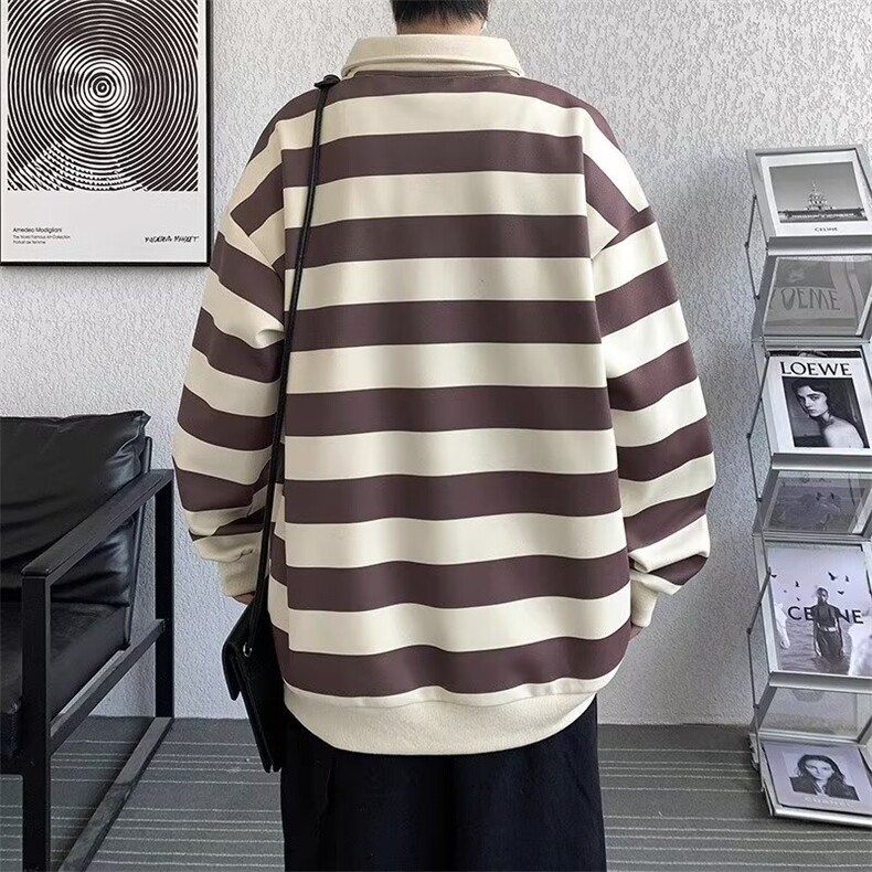 网络图现货潮牌横条纹男春秋宽松翻领Polo衫套头卫衣J697-P32,男装Polo衫,星座715-7