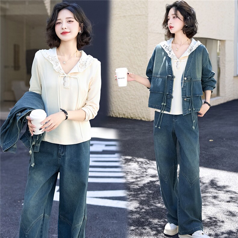春装女2025年新款时尚套装新中式气质减龄休闲牛仔超火三件套女装,女装套装/套裙,欣品汇