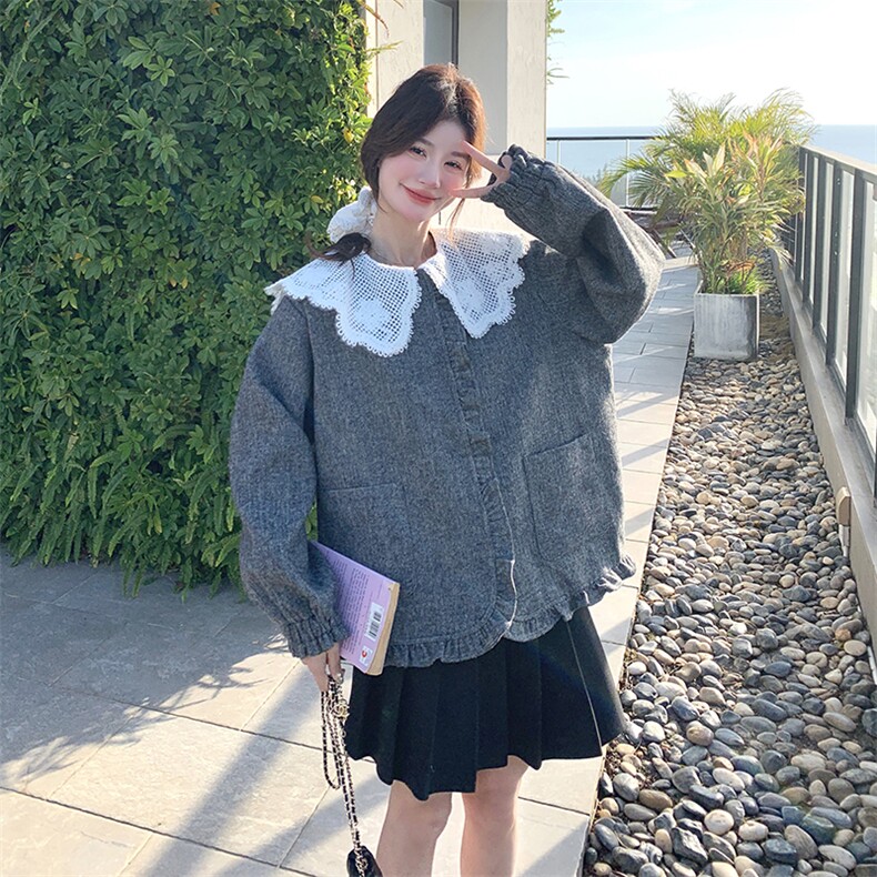 春款现货 蕾丝钩复古花毛织木耳边韩式短外套 2C239-H50-P160K258图片