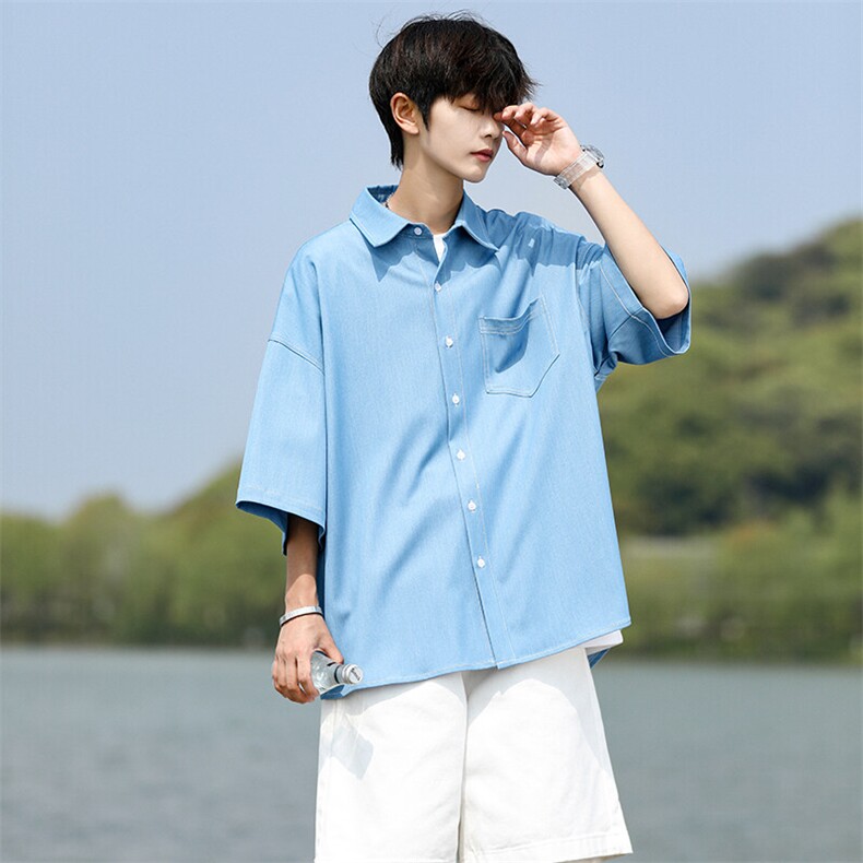 8XL-M冰丝牛仔短袖衬衫男款夏季薄款宽松慵懒衬衣外套DC28006P60,男装T恤,电商B312