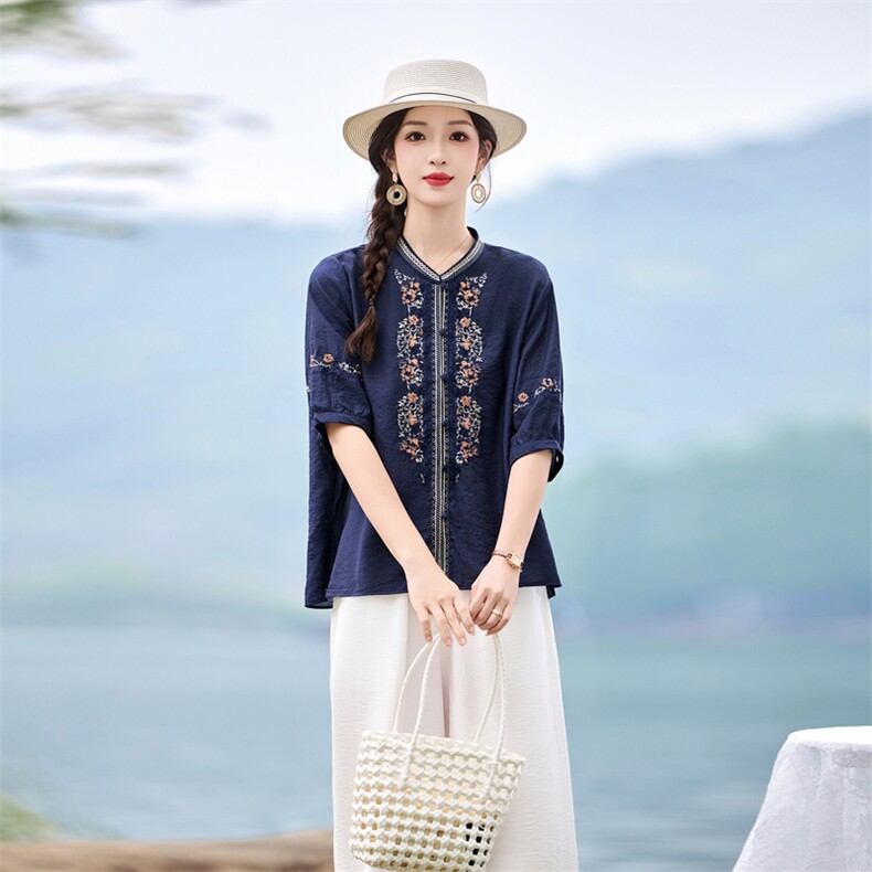 时尚洋气刺绣棉麻套装女2026夏季新款宽松遮肉显瘦阔腿裤两件套,女装套装/套裙,魅影
