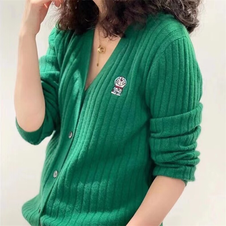 秋季新款舒适显瘦时尚百搭机器猫针织开衫女图片