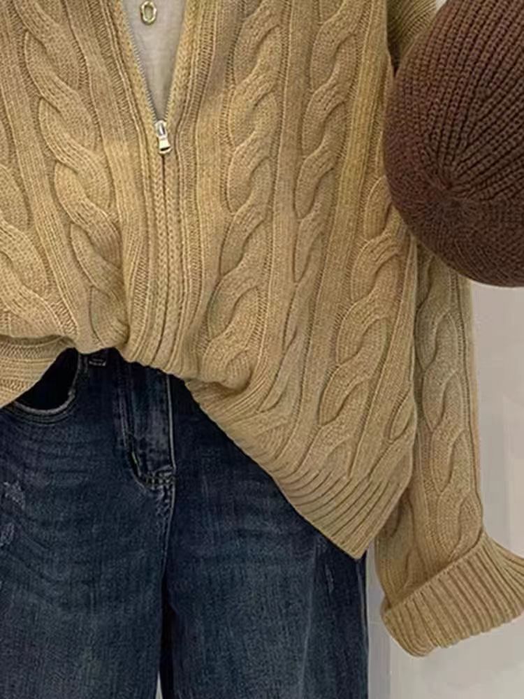 秋季新款舒适显瘦时尚百搭棒球领麻花拉链套头衫,女装羊毛衫,恒恩羊绒