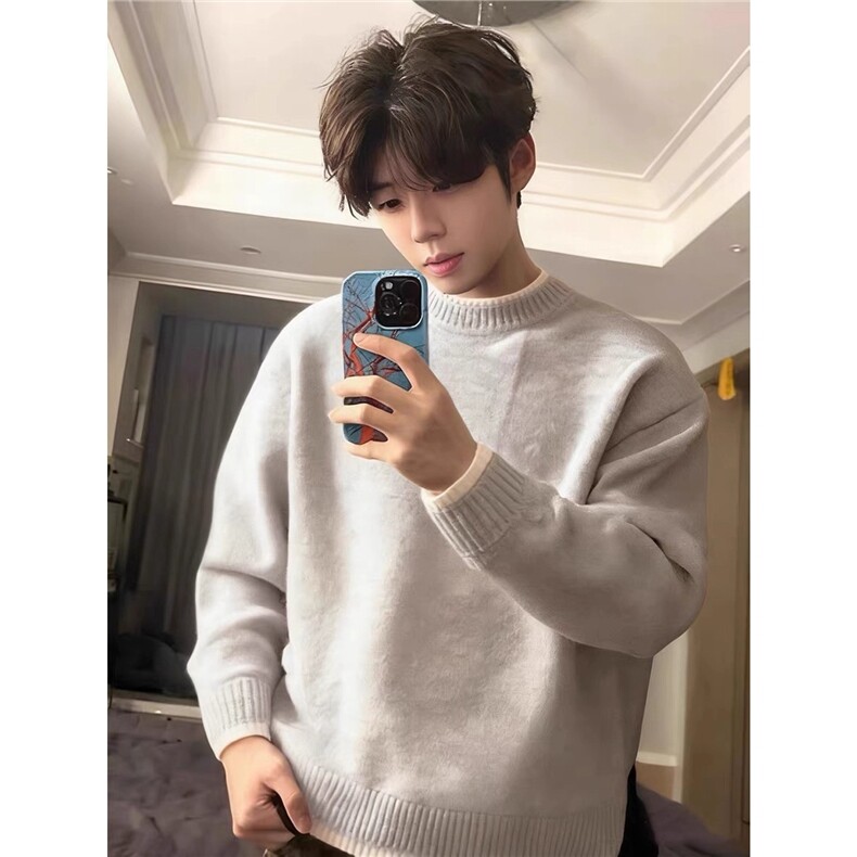 假两件灰色毛衣男款冬季美式圆领针织衫高级感内搭打底衫ZMY17,男装T恤,星座208-5