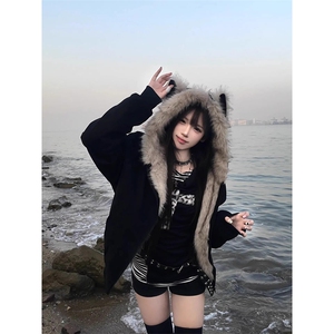 现货重磅硬挺boxy羽绒棉衣座山雕猫耳大毛毛领麂皮棉服冬外套图片