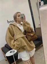 冬季新款重工针织拼羊羔毛套头帽衫，其它，AT(2F)