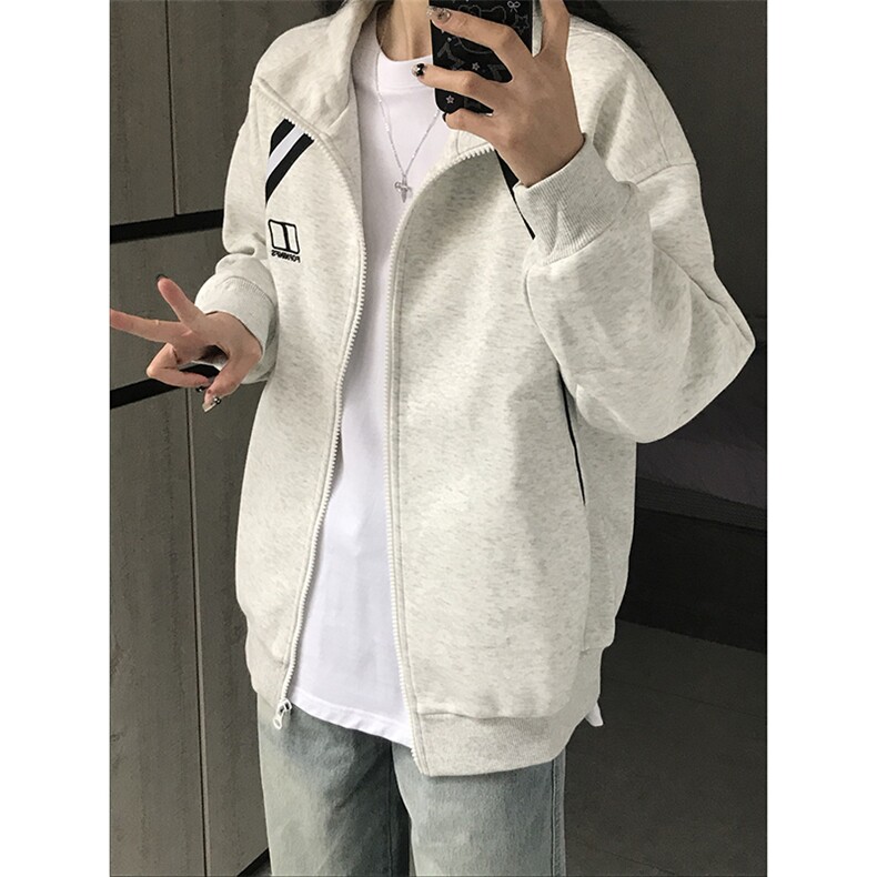 ！白花灰美式运动条纹拼接开衫重磅卫衣外套,女装短外套,星座617C