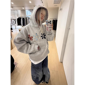 美式高街刺绣花朵卫衣男女秋冬重磅情侣装连帽外套WLW133-P50图片