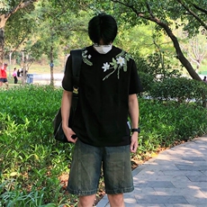 万针全刺绣工艺高品质260克纯棉双纱美式宽松百搭短袖T恤特P33，男装T恤，电商A486-1