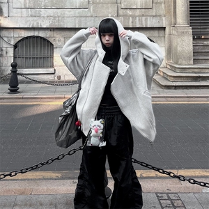抖音得物品质 26春装美式重磅结构斜拉链高领连帽卫衣开衫外套W61图片