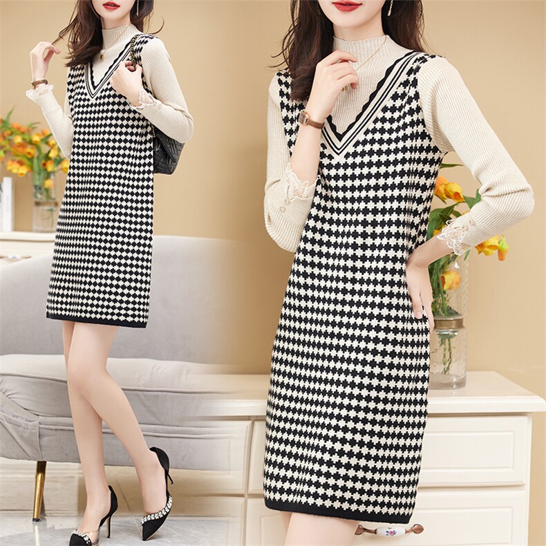 现货秋冬打底百搭显瘦时尚简约宽松高级感针织连衣裙女款，女装针织衫/毛衣，然然