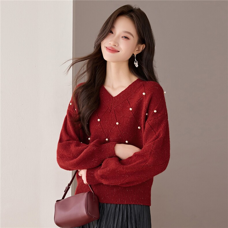 慵懒风V领镂空细闪慵懒针织衫高级感2025秋季新款韩系别致上衣女，女装羊毛衫，艾米
