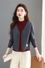 现货2024秋冬方领领毛衣女士假两件套头长袖秋冬打底针织衫上衣厚，女装针织衫/毛衣，韩然一族