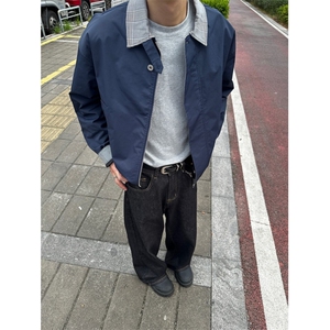 格纹撞色拼接夹克上衣男女春秋宽松休闲情侣痞帅工装外套 J6818图片