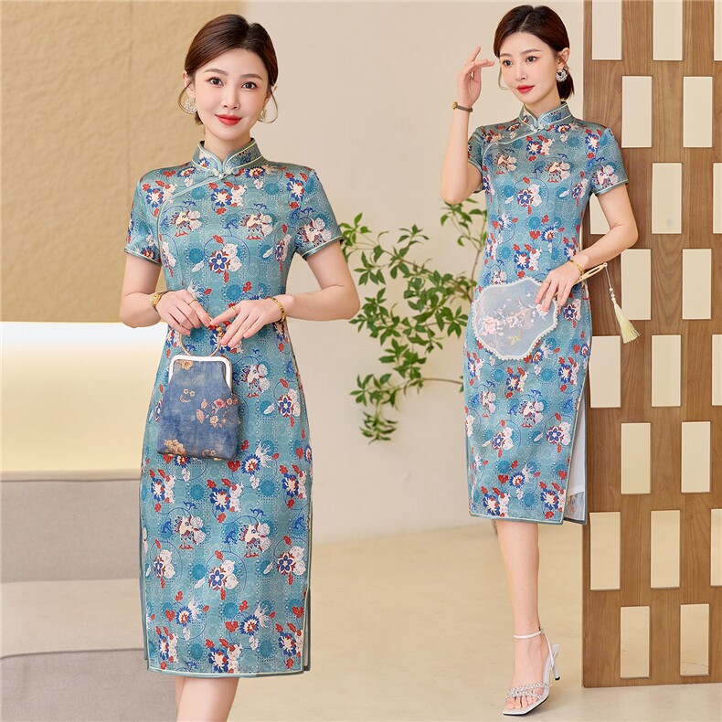 杭州品质真丝长裙复古印花连衣裙女春夏日常修身潮流真丝旗袍，女装汉服/婚纱/旗袍/礼服，小荷流