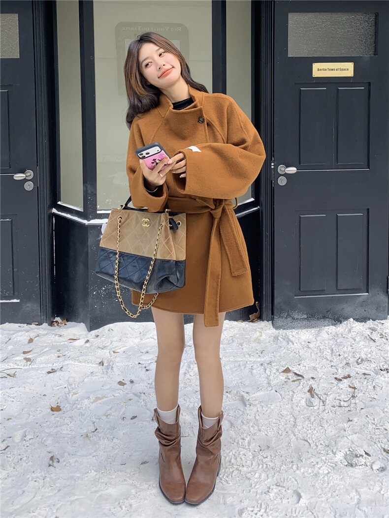 美拉德收腰气质呢子外套女2025年秋冬季新款百搭显瘦双面羊毛大衣,女装双面呢大衣,蝶眷