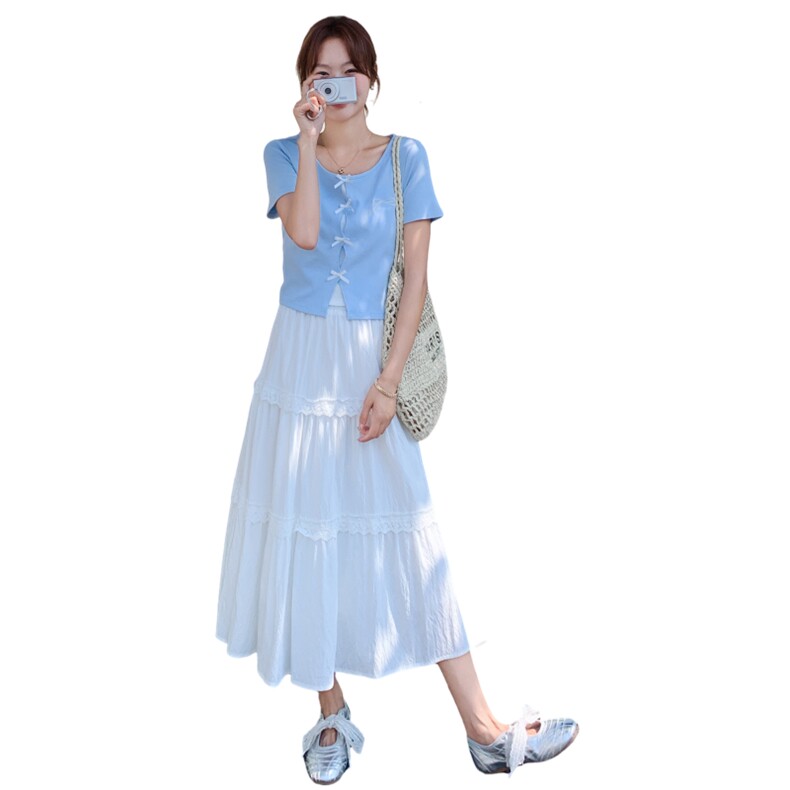 浅蓝色蝴蝶结短袖上衣套装裙女夏季2025年新款一整套半身裙两件套,女装套装/套裙,2D148