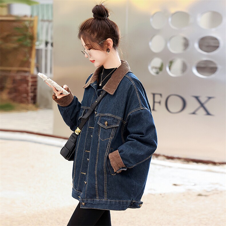 2022年冬款翻领拼接牛仔90%白鸭绒绒加厚宽松休闲羽绒服上衣,女装羽绒服,瑶迪依秀