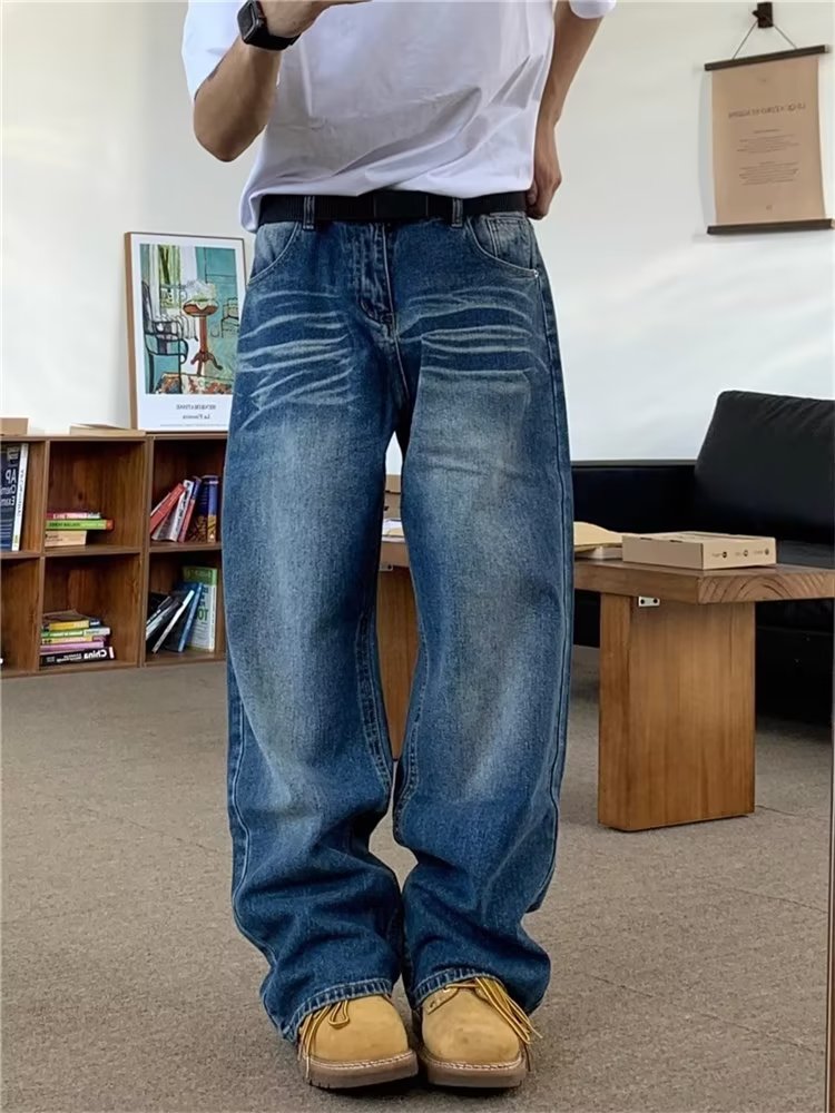 美式高街小众休闲直筒牛仔裤男秋季潮牌水洗宽松拖地阔腿长裤,男装牛仔裤,星座716-2