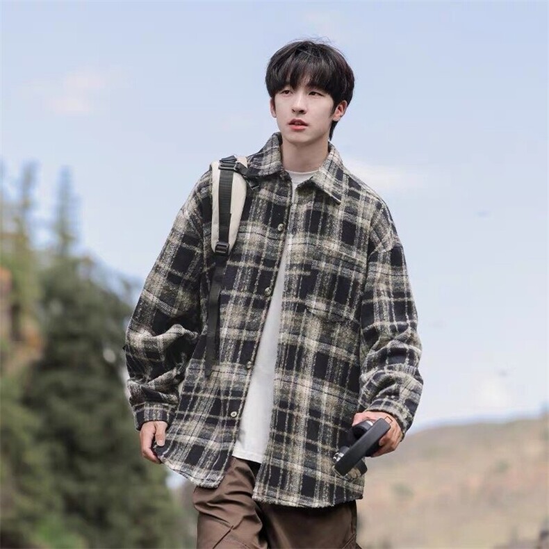 美式重磅复古格子衬衫男女高街潮牌长袖衬衣外套CSA18-P50，男装衬衫，星座208-5