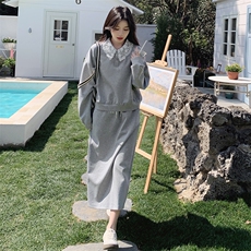 2025春秋新款韩版宽松显瘦百搭休闲蕾丝拼接卫衣半身裙时尚套装女，女装套装/套裙，秋水欣儿