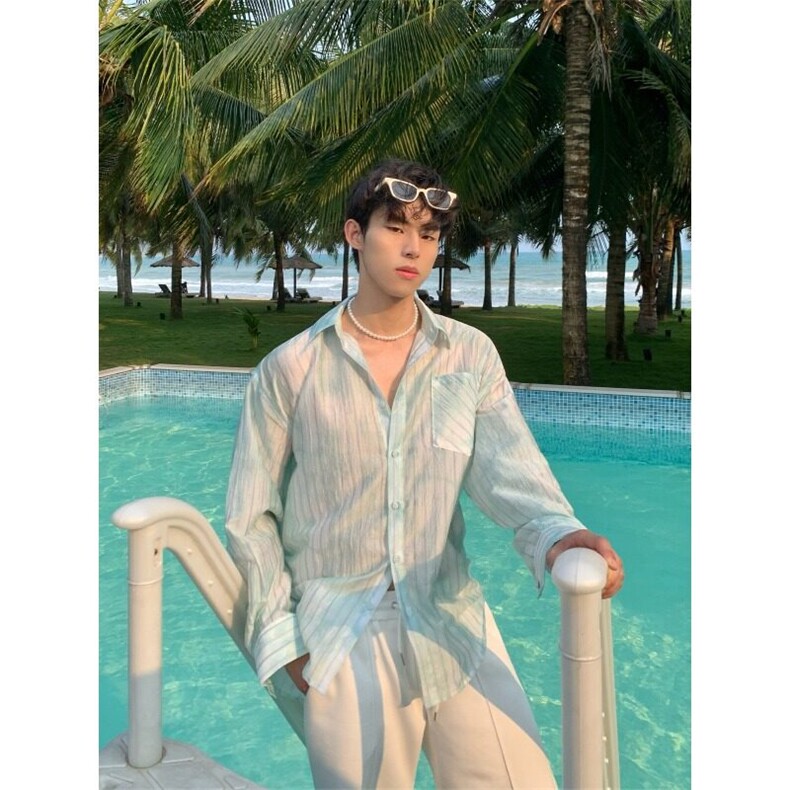 杭州现货绿色条纹衬衫外套女夏季2025新款多巴胺穿搭防晒上衣，男装防晒衣，星座218-1（原230）