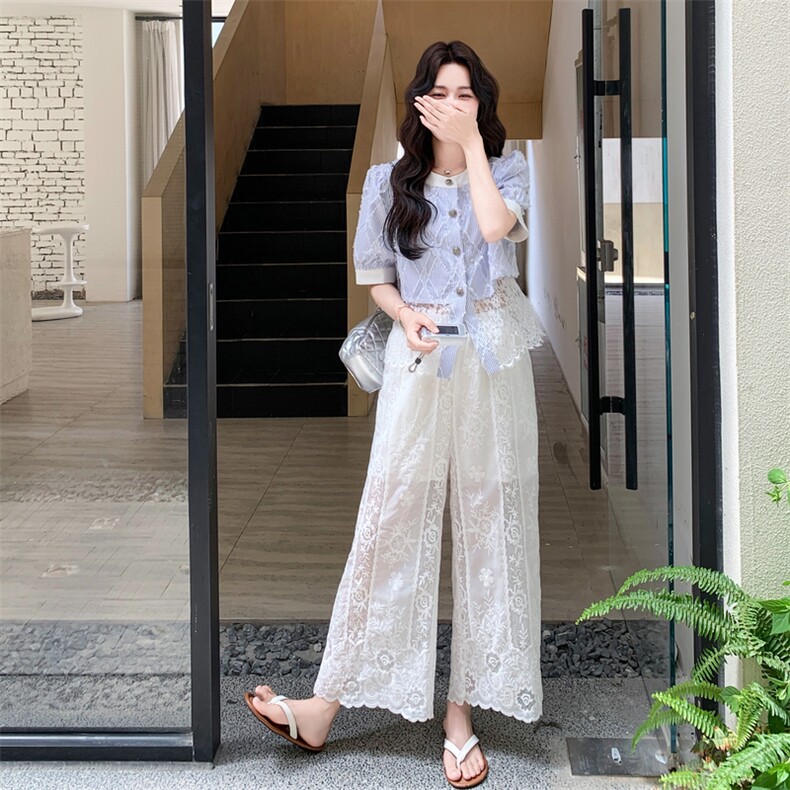 设计感小众时尚蕾丝套装女2025夏季新款短款衬衫高腰阔腿裤两件套,女装套装/套裙,2C032