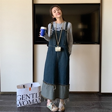 法式复古设计感牛仔背带裙女2024春季新款毛边流苏减龄吊带连衣裙，女装套装/套裙，2C050