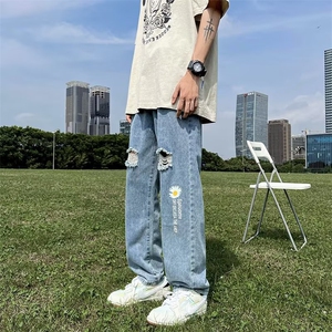美式复古水洗做旧破洞牛仔裤男ins高街N997P35图片