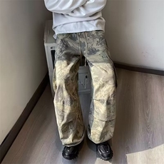 迷彩工装束脚牛仔裤女潮洋气时尚夏季胖mm高腰宽松阔腿裤，男装牛仔裤，星座716-4