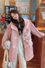 Bigsize宽松连帽羊毛呢外套（玩偶可拆装）甜美粉色，女装毛呢外套，天使之佳话