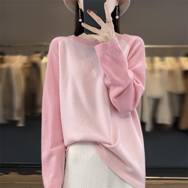 圆领美丽诺100羊毛衫女秋冬新款拼色毛衣洋气针织打底衫女,女装羊毛衫,盛鼎羊绒