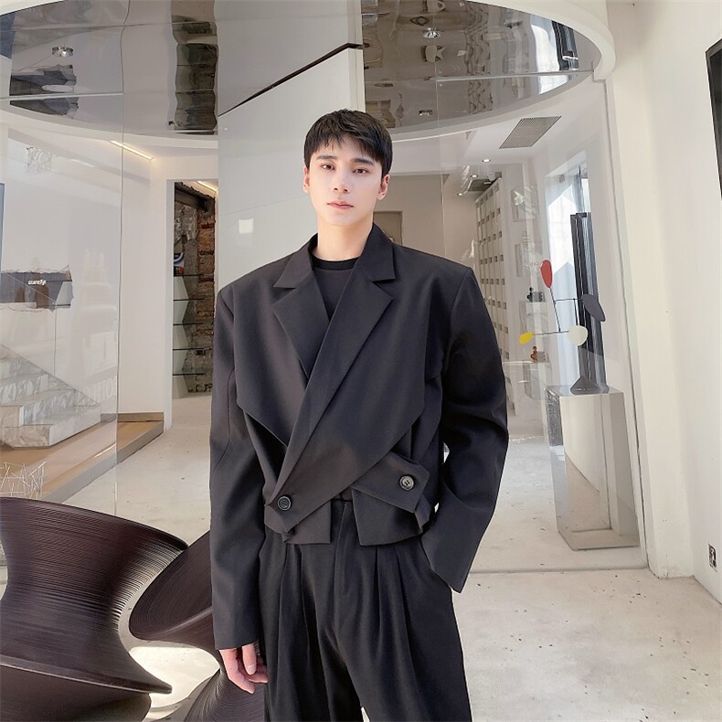 春季新款男士短款不规则交叉西服领拼接外套A345-236-P130，男装西服，电商A345