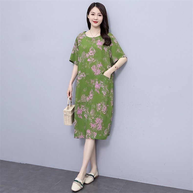夏季新款大码女装胖mm宽松显瘦遮肚碎花连衣裙中长款妈妈裙子,女装连衣裙,妃曼