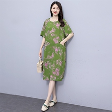 夏季新款大码女装胖mm宽松显瘦遮肚碎花连衣裙中长款妈妈裙子，女装连衣裙，妃曼