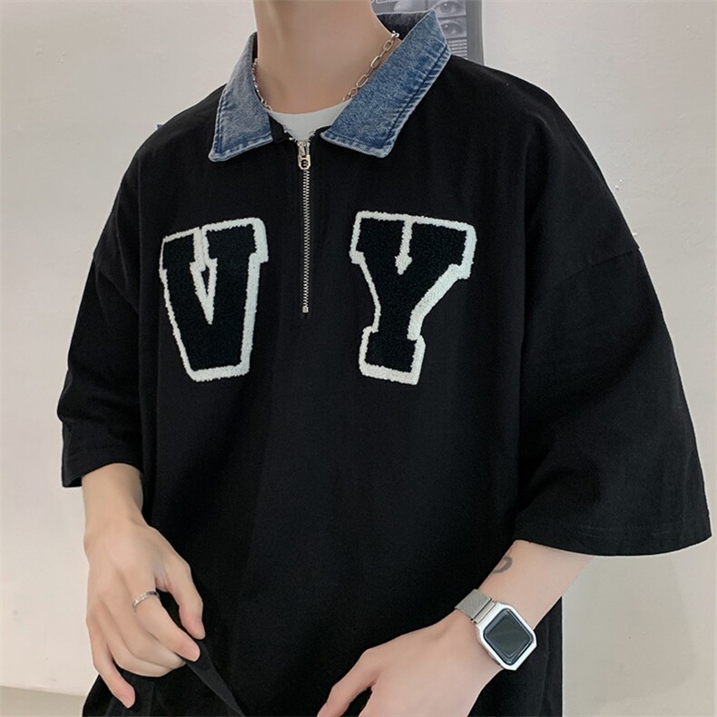 夏季潮牌半拉链牛仔领情侣短袖美式复古刺绣t恤小众男T970-P35,男装T恤,星座512-2