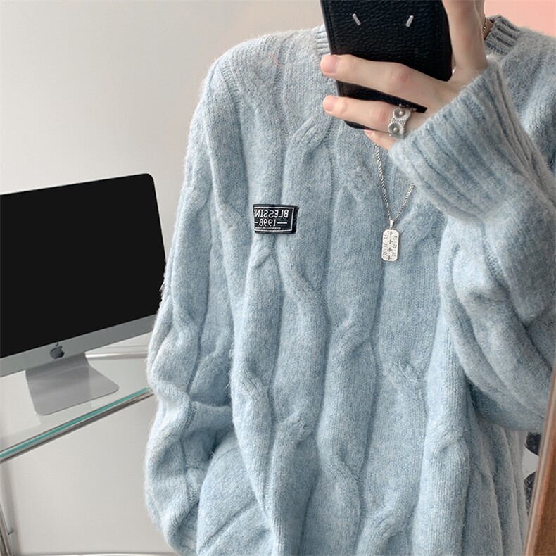 8XL-M圆领毛衣男秋冬慵懒风宽松情侣装麻花针织羊毛衫MY19004P68,男装针织衫/毛衣,电商B312