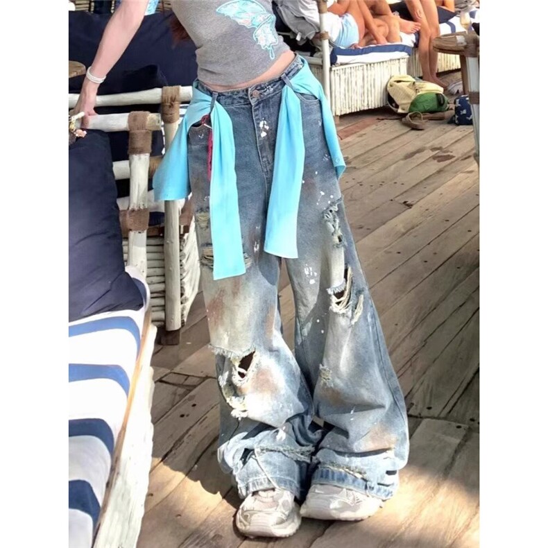 美式高街泥染做旧破洞牛仔裤男女泼墨慵懒拖地宽松阔腿裤潮图片