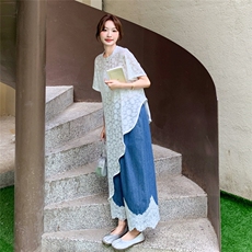不规则叠穿蕾丝罩衫连衣裙阔腿裤女两件套2025夏季新款宽松套装裙，女装套装/套裙，2B237