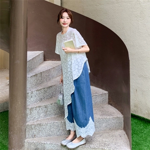 不规则叠穿蕾丝罩衫连衣裙阔腿裤女两件套2025夏季新款宽松套装裙图片