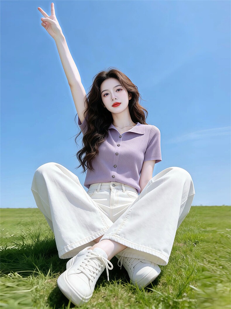 韩系气质优雅风紫色翻领针织衫夏季薄款温柔显瘦上衣潮,女装T恤,乐蒂丝