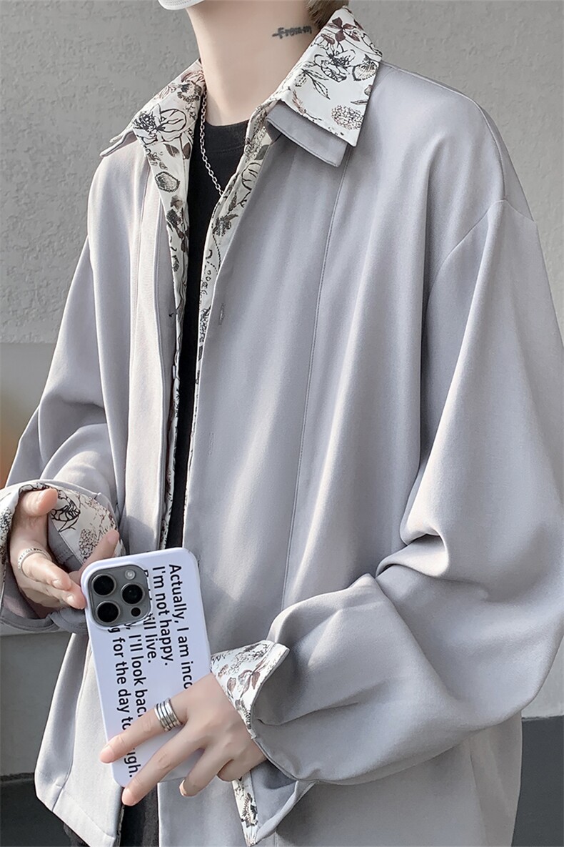 潮流休闲花卉印花领翻领假两件休闲长袖衬衫上衣男潮P55,男装衬衫,电商B319
