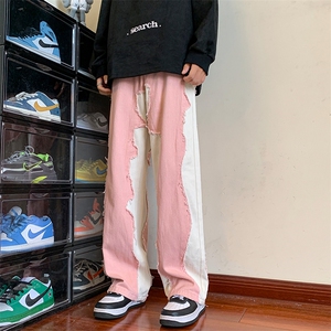8XL-M 特大码美式高街ins小众vibe鸳鸯黑白拼接直筒牛仔裤K929P60图片