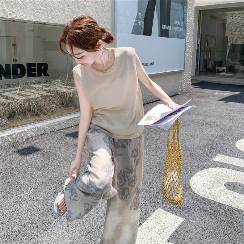 松弛感慵懒风两件套女2025夏新款休闲时尚针织背心印花阔腿裤套装,女装套装/套裙,2C166