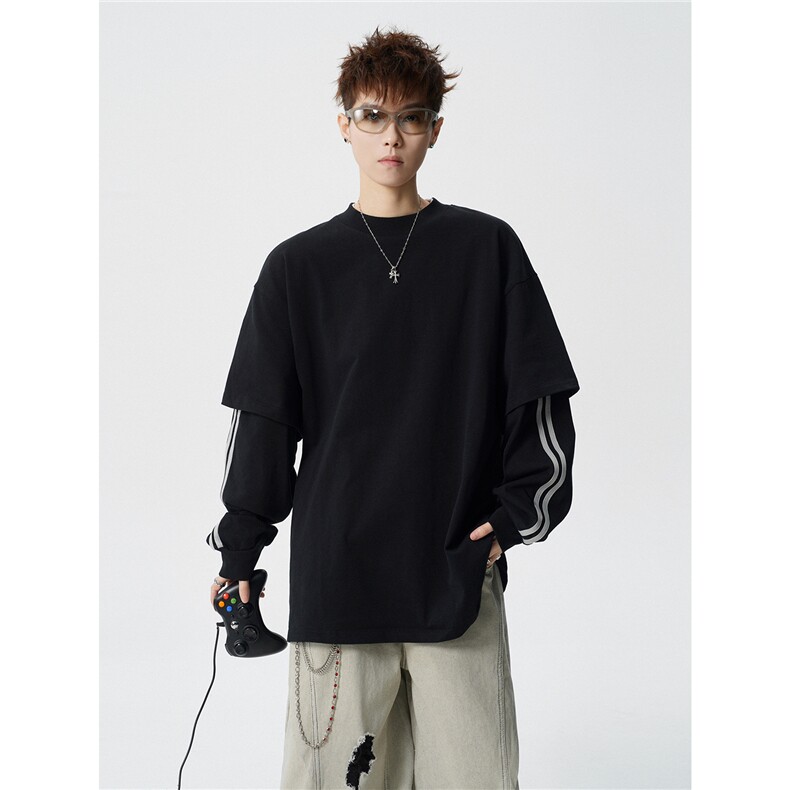 6XL-M假两件条纹长袖t恤男运动风百搭上衣CX3010-特P40,男装T恤,电商D206-1